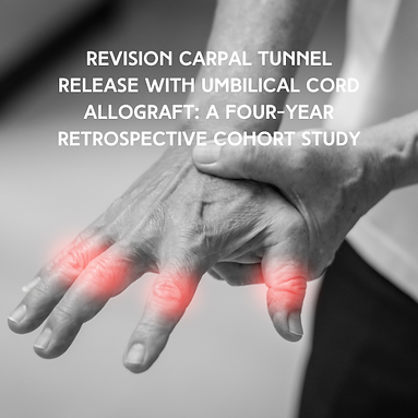 Hand with red highlights illustrating carpal tunnel release with umbilical cord allograft study.