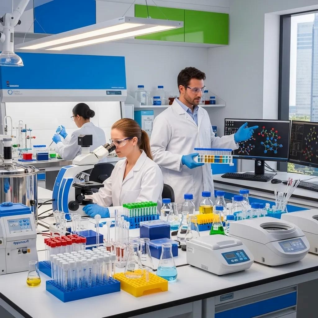 Scientists in cleanroom lab working with equipment and samples.